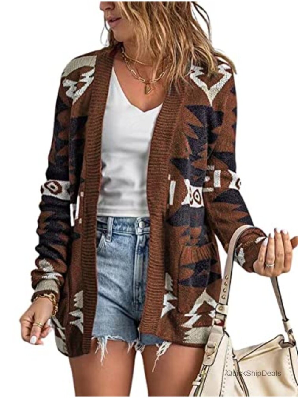 Women's Tribal Aztec Print Open Front Knitted Jacquard Cardigan Sweater